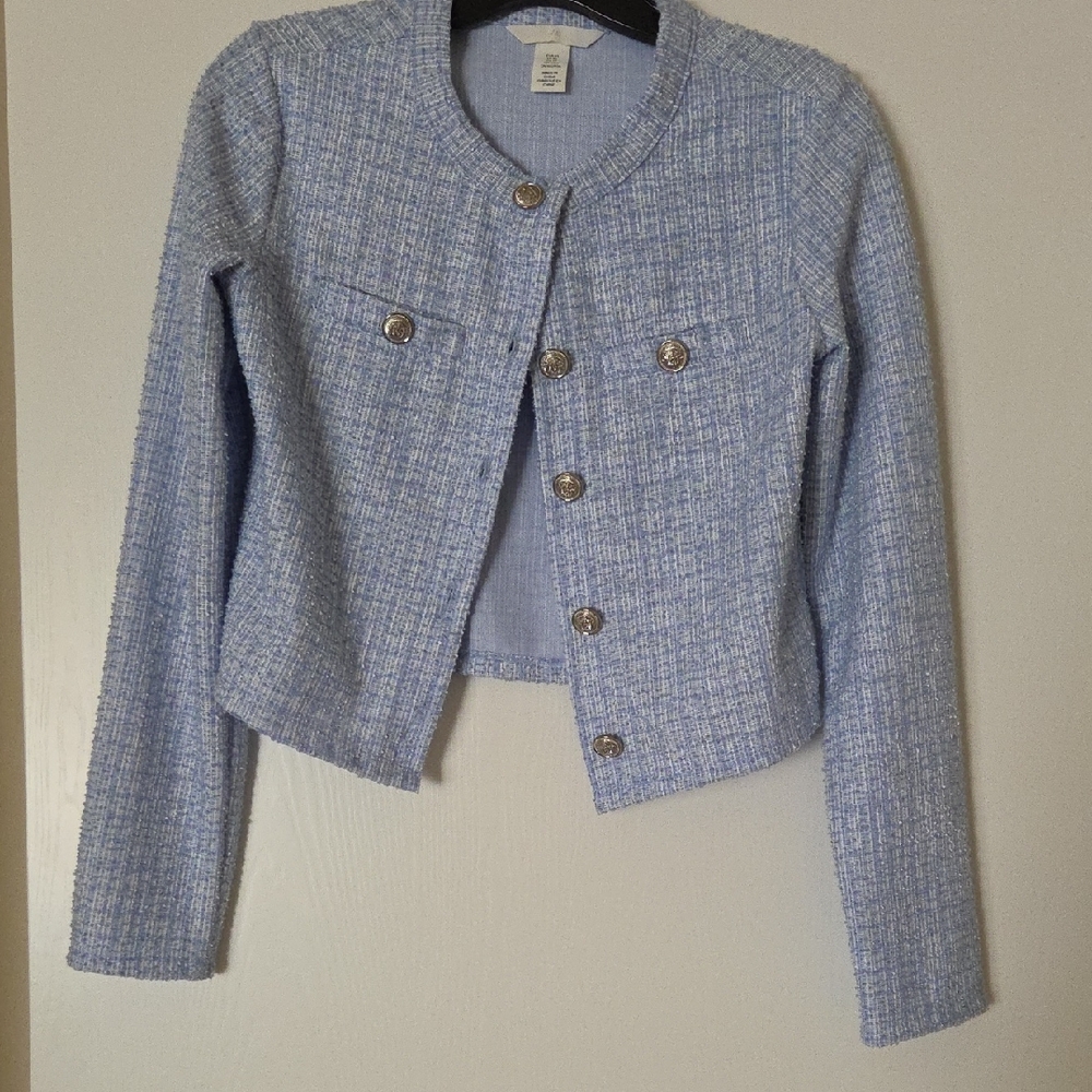H&M Light Blue Tweed Cropped Chain-Button Jacket